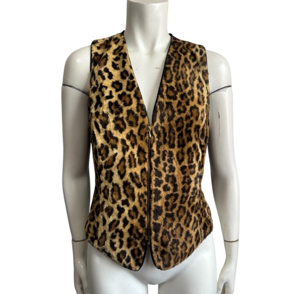 Cache Y2K Leopard Fur Print Vest Full Front Zip Lined Women's Size Medium - Picture 1 of 12
